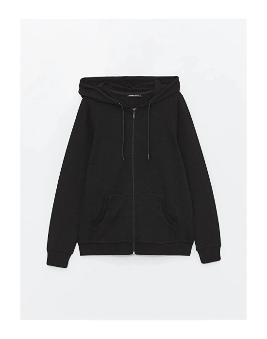 Classic Kapüşonlu Düz Uzun Kollu Kadın Fermuarlı Sweatshirt