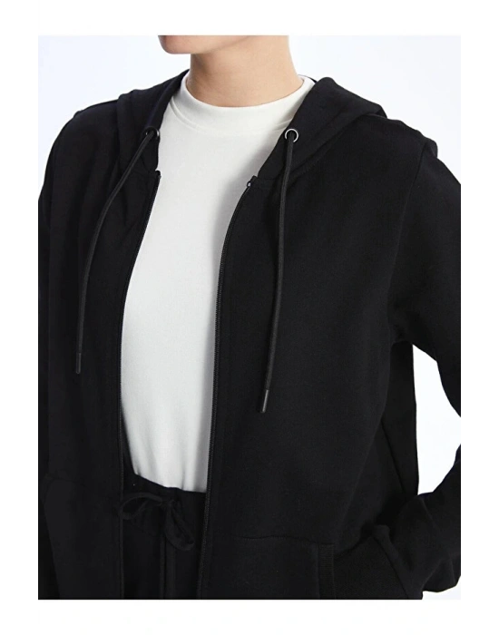 Classic Kapüşonlu Düz Uzun Kollu Kadın Fermuarlı Sweatshirt
