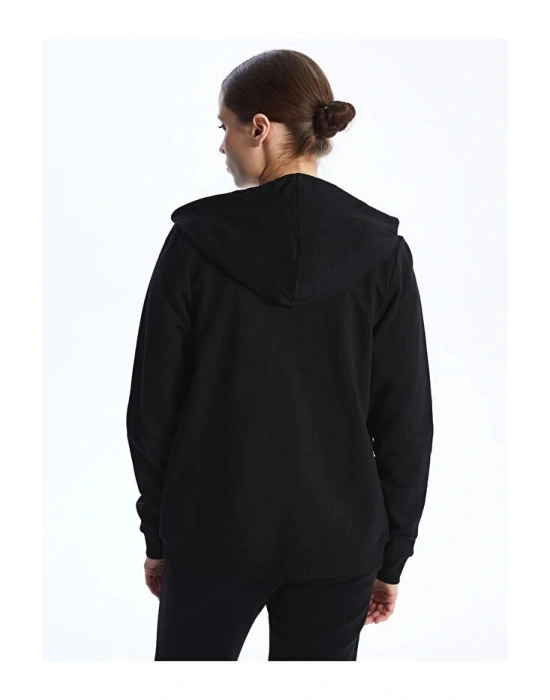 Classic Kapüşonlu Düz Uzun Kollu Kadın Fermuarlı Sweatshirt