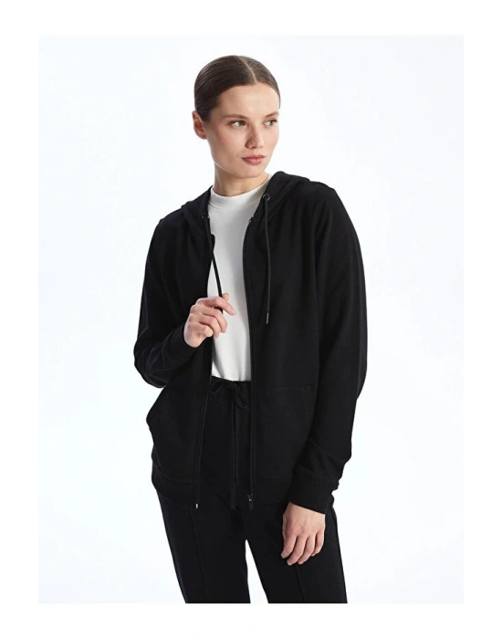 Classic Kapüşonlu Düz Uzun Kollu Kadın Fermuarlı Sweatshirt