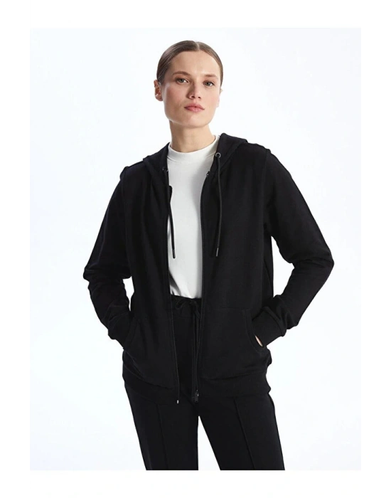 Classic Kapüşonlu Düz Uzun Kollu Kadın Fermuarlı Sweatshirt