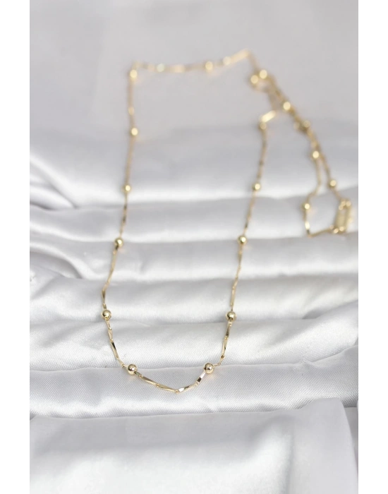 CM 14K Gold Renk Kesme Çubuk Zincir Topçuklu Model 60 cm Kadın Kolye
