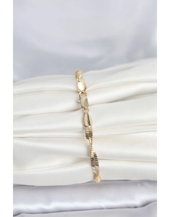 CM 14K Gold Renk Zincir Kalın Yassı Ezme Burgu Model Kadın Bileklik