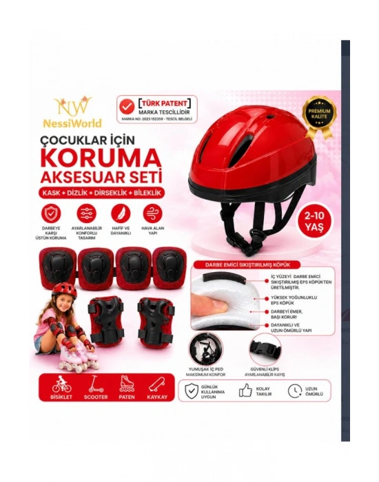 Çocuk Kaskı Ve Dizlik, Dirseklik Eldiven Set KIRMIZ/KIRMIZISİYAH