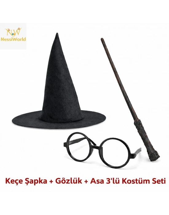 Çocuk Seti (Siyah Keçe Şapka, Asa, Gözlük)
