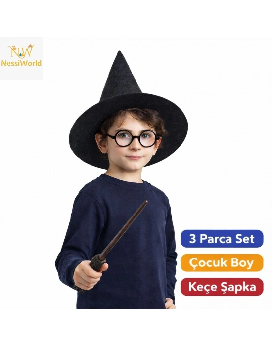 Çocuk Seti (Siyah Keçe Şapka, Asa, Gözlük)