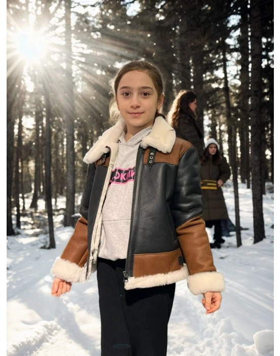 Çocuk Yakalı Parçalı Kürk - Kahve