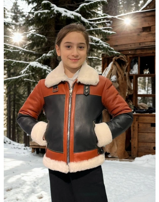 Çocuk Yakalı Parçalı Kürk - Kiremit