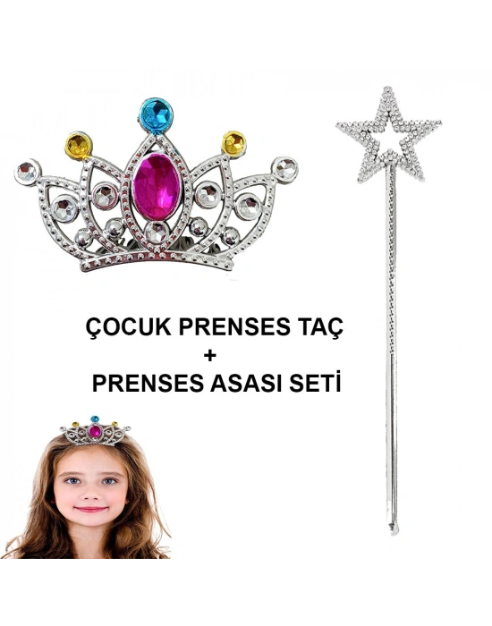 Çocuklar İçin Taraklı Prenses Tacı ve Prenses Yıldız Asa Seti Gümüş