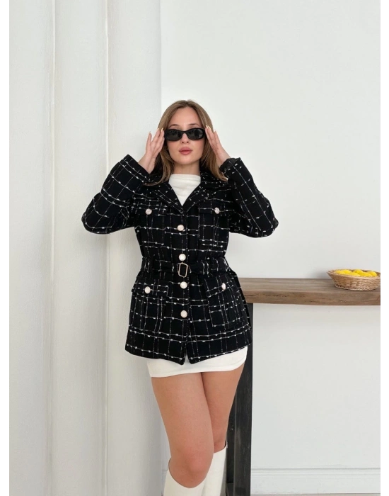 Çok düğmeli kemerli yüksek kaliteli astarlı ceket siyah os255859