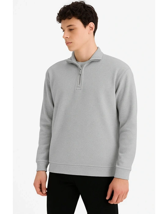 Comfort Fit Dik Yaka Dokulu Yarım Fermuarlı Waffle Sweatshirt