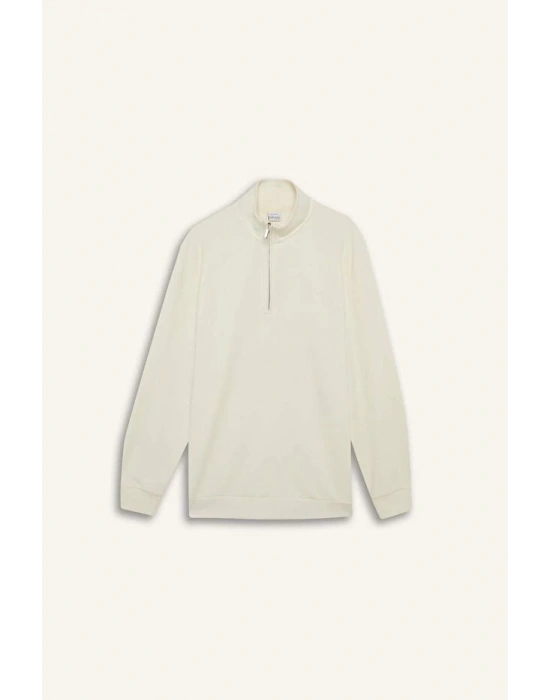 Comfort Fit Dik Yaka Dokulu Yarım Fermuarlı Waffle Sweatshirt