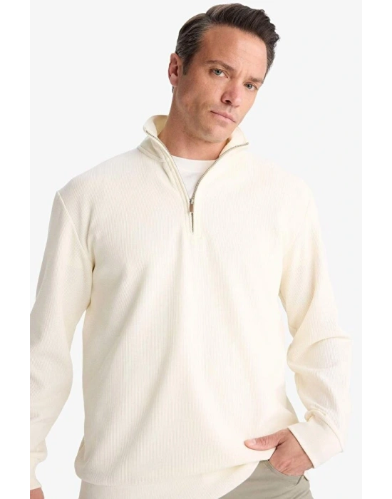 Comfort Fit Dik Yaka Dokulu Yarım Fermuarlı Waffle Sweatshirt