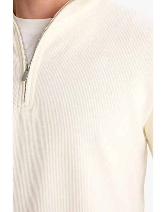 Comfort Fit Dik Yaka Dokulu Yarım Fermuarlı Waffle Sweatshirt