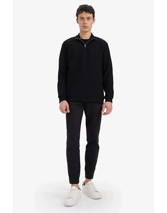 Comfort Fit Dik Yaka Dokulu Yarım Fermuarlı Waffle Sweatshirt