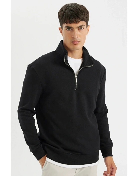 Comfort Regular Fit Rahat Kalıp Fermuarlı Dik Yaka Basic Düz Sweatshirt