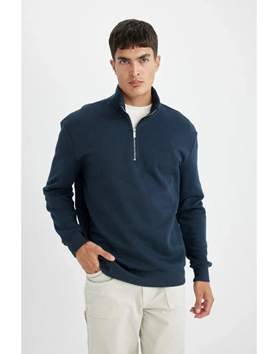 Comfort Regular Fit Rahat Kalıp Fermuarlı Dik Yaka Basic Düz Sweatshirt