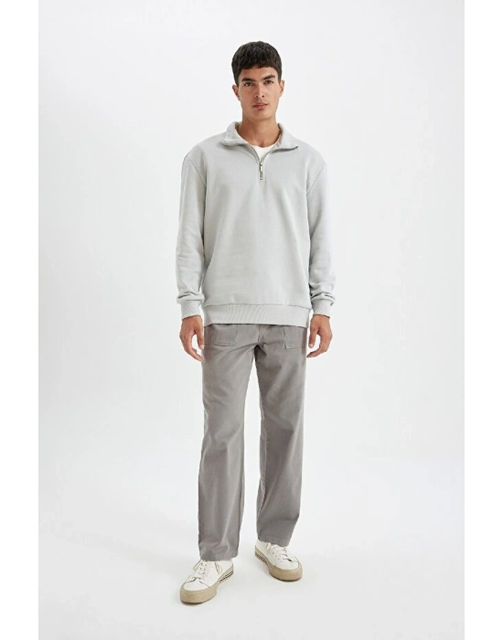 Comfort Regular Fit Rahat Kalıp Fermuarlı Dik Yaka Basic Düz Sweatshirt