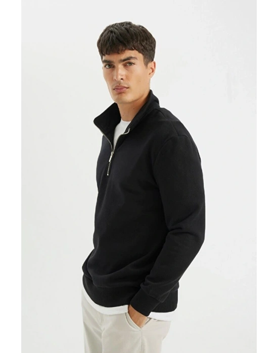 Comfort Regular Fit Rahat Kalıp Fermuarlı Dik Yaka Basic Düz Sweatshirt