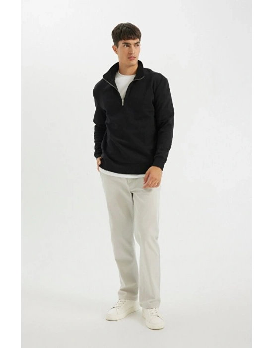 Comfort Regular Fit Rahat Kalıp Fermuarlı Dik Yaka Basic Düz Sweatshirt