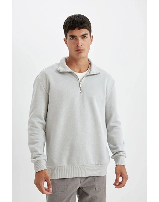 Comfort Regular Fit Rahat Kalıp Fermuarlı Dik Yaka Basic Düz Sweatshirt