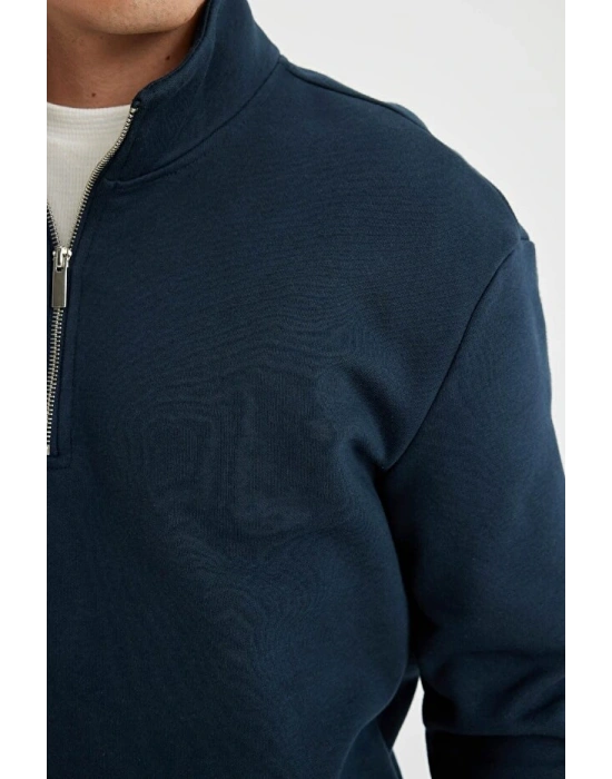 Comfort Regular Fit Rahat Kalıp Fermuarlı Dik Yaka Basic Düz Sweatshirt