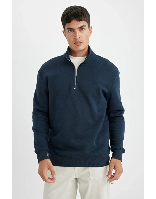 Comfort Regular Fit Rahat Kalıp Fermuarlı Dik Yaka Basic Düz Sweatshirt