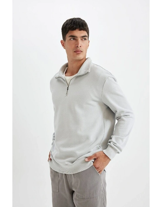 Comfort Regular Fit Rahat Kalıp Fermuarlı Dik Yaka Basic Düz Sweatshirt