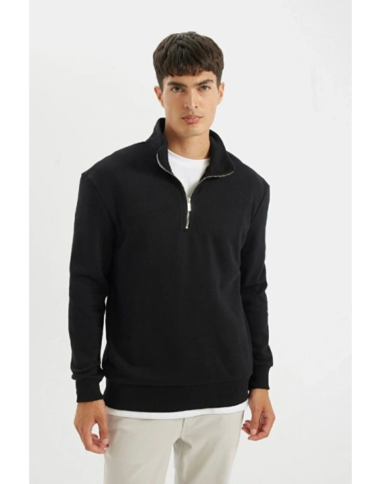 Comfort Regular Fit Rahat Kalıp Fermuarlı Dik Yaka Basic Düz Sweatshirt