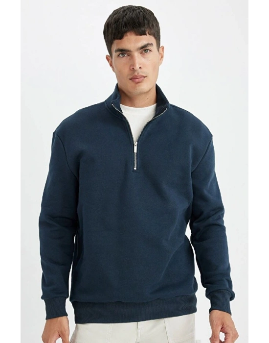 Comfort Regular Fit Rahat Kalıp Fermuarlı Dik Yaka Basic Düz Sweatshirt