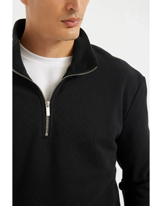 Comfort Regular Fit Rahat Kalıp Fermuarlı Dik Yaka Basic Düz Sweatshirt