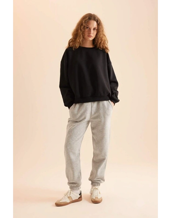 Coool Oversize Geniş Kalıp Bisiklet Yaka Basic Düz Kalın Siyah Sweatshirt