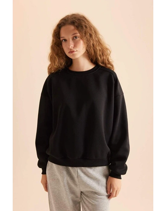 Coool Oversize Geniş Kalıp Bisiklet Yaka Basic Düz Kalın Siyah Sweatshirt