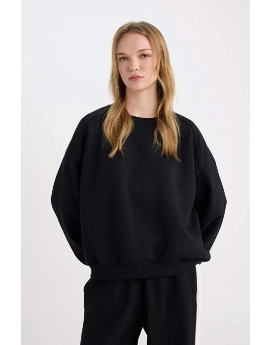 Coool Oversize Geniş Kalıp Bisiklet Yaka Basic Düz Kalın Siyah Sweatshirt