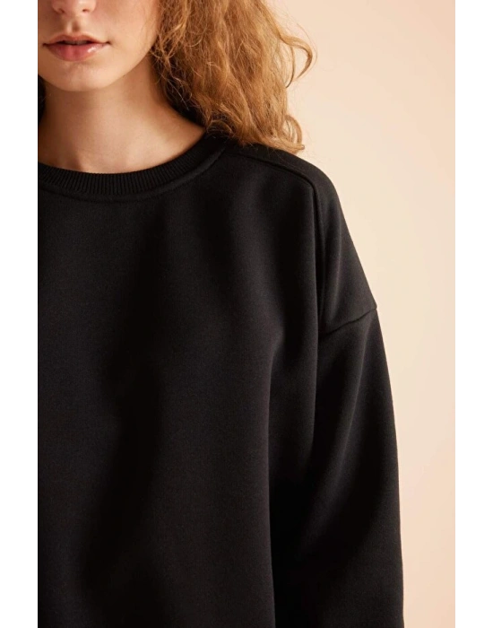 Coool Oversize Geniş Kalıp Bisiklet Yaka Basic Düz Kalın Siyah Sweatshirt