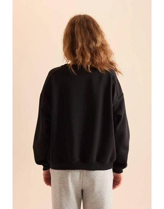 Coool Oversize Geniş Kalıp Bisiklet Yaka Basic Düz Kalın Siyah Sweatshirt