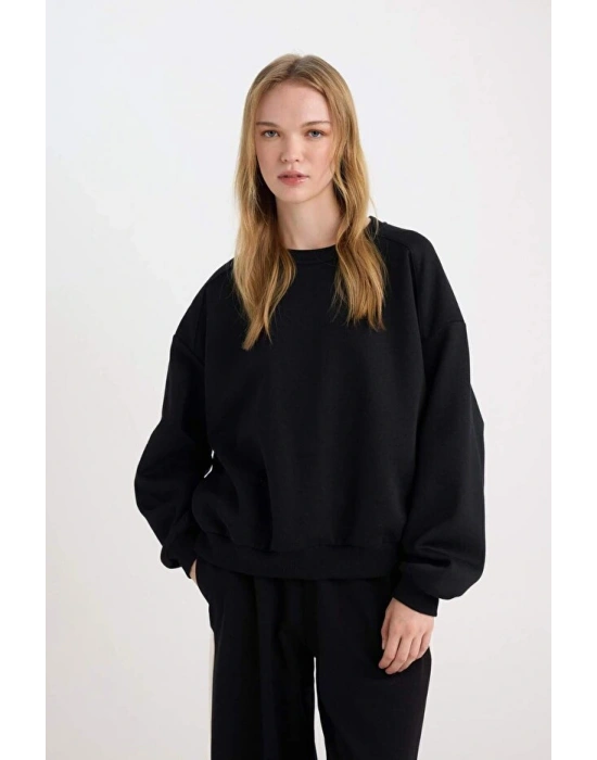 Coool Oversize Geniş Kalıp Bisiklet Yaka Basic Düz Kalın Siyah Sweatshirt