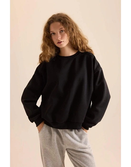 Coool Oversize Geniş Kalıp Bisiklet Yaka Basic Düz Kalın Siyah Sweatshirt