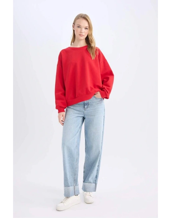 Coool Oversize Geniş Kalıp Bisiklet Yaka Kalın Basic Düz Sweatshirt