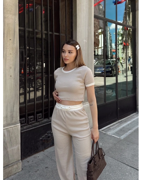 Crop pantolon biyeli takım bej