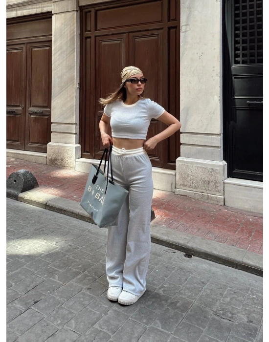 Crop pantolon biyeli takım gri