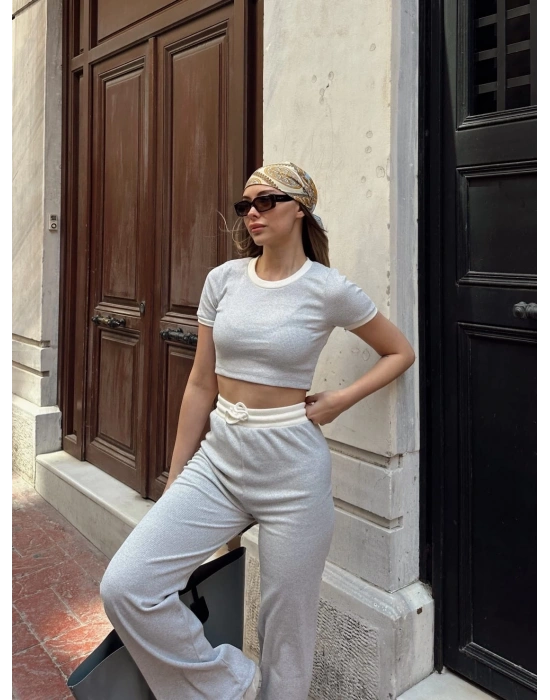 Crop pantolon biyeli takım gri