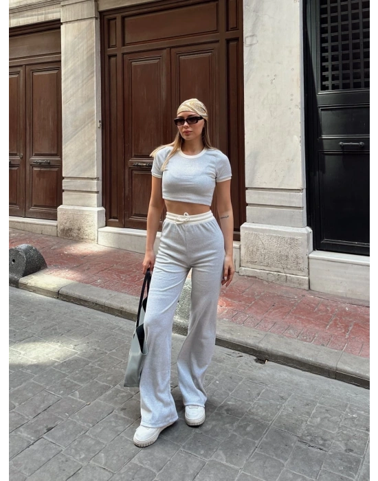 Crop pantolon biyeli takım gri