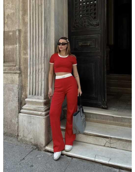 Crop pantolon biyeli takım kırmızı