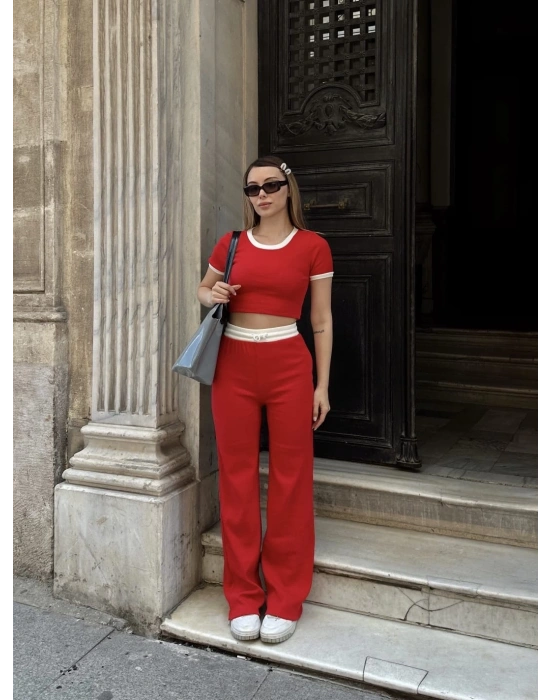 Crop pantolon biyeli takım kırmızı