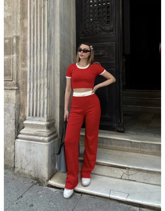 Crop pantolon biyeli takım kırmızı
