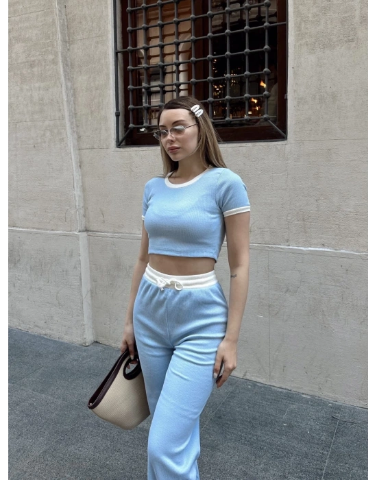 Crop pantolon biyeli takım mavi