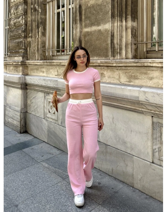 Crop pantolon biyeli takım pembe