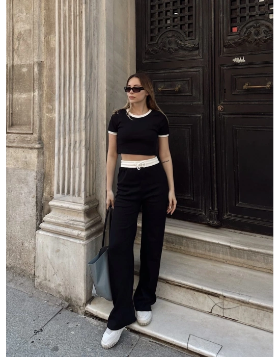 Crop pantolon biyeli takım siyah