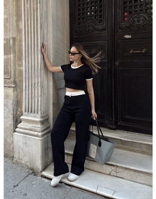 Crop pantolon biyeli takım siyah